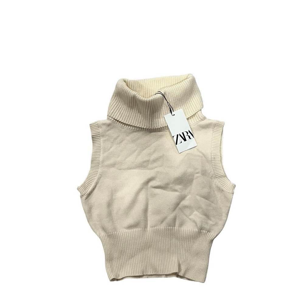 ZARA Sleeveless Turtleneck Ivory Cropped Knit Sweater Womens Medium NWT - Picture 2 of 4